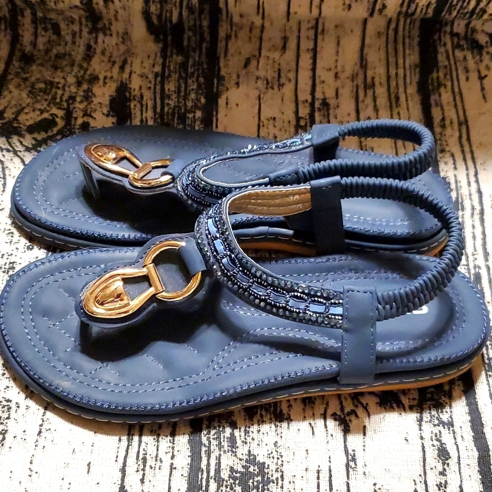Siketu Thong Sandals Women's Size 6.5 Blue Gold Accents Bead and Sequence